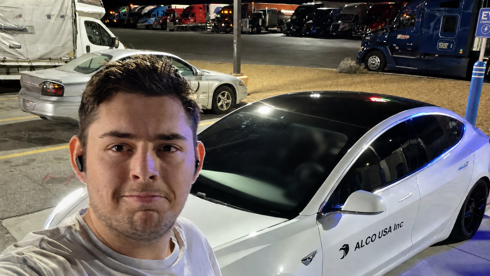 Adam Leveille at an overnight charging stop during a long-distance client trip in 2025.