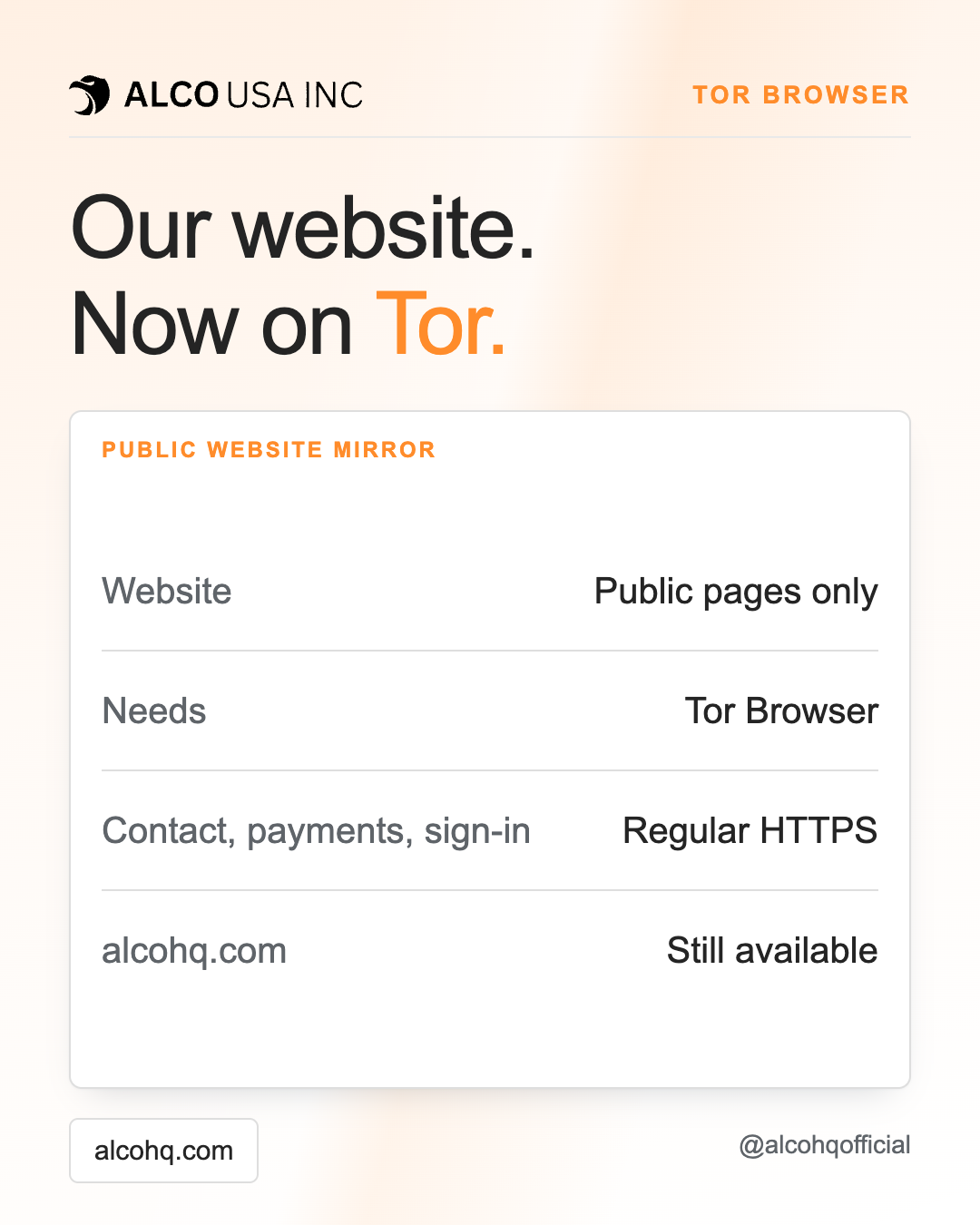 ALCO Insights graphic announcing that ALCO's public website is now available on Tor.
