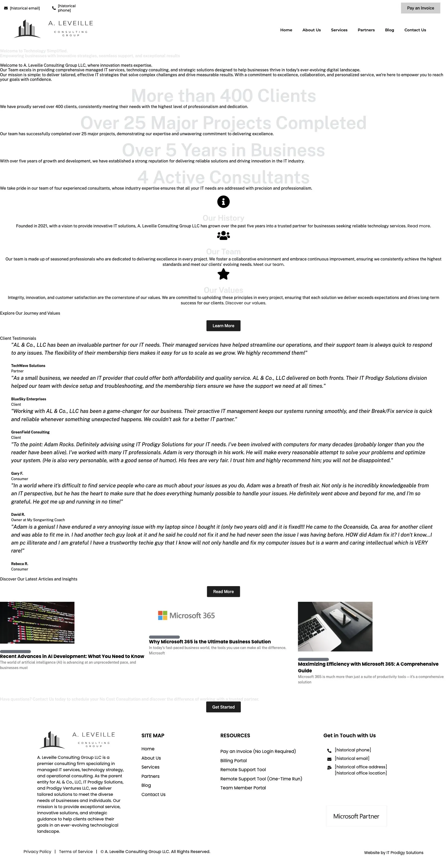 The adamleveille.com homepage as it looked in January 2025, with historical contact details removed