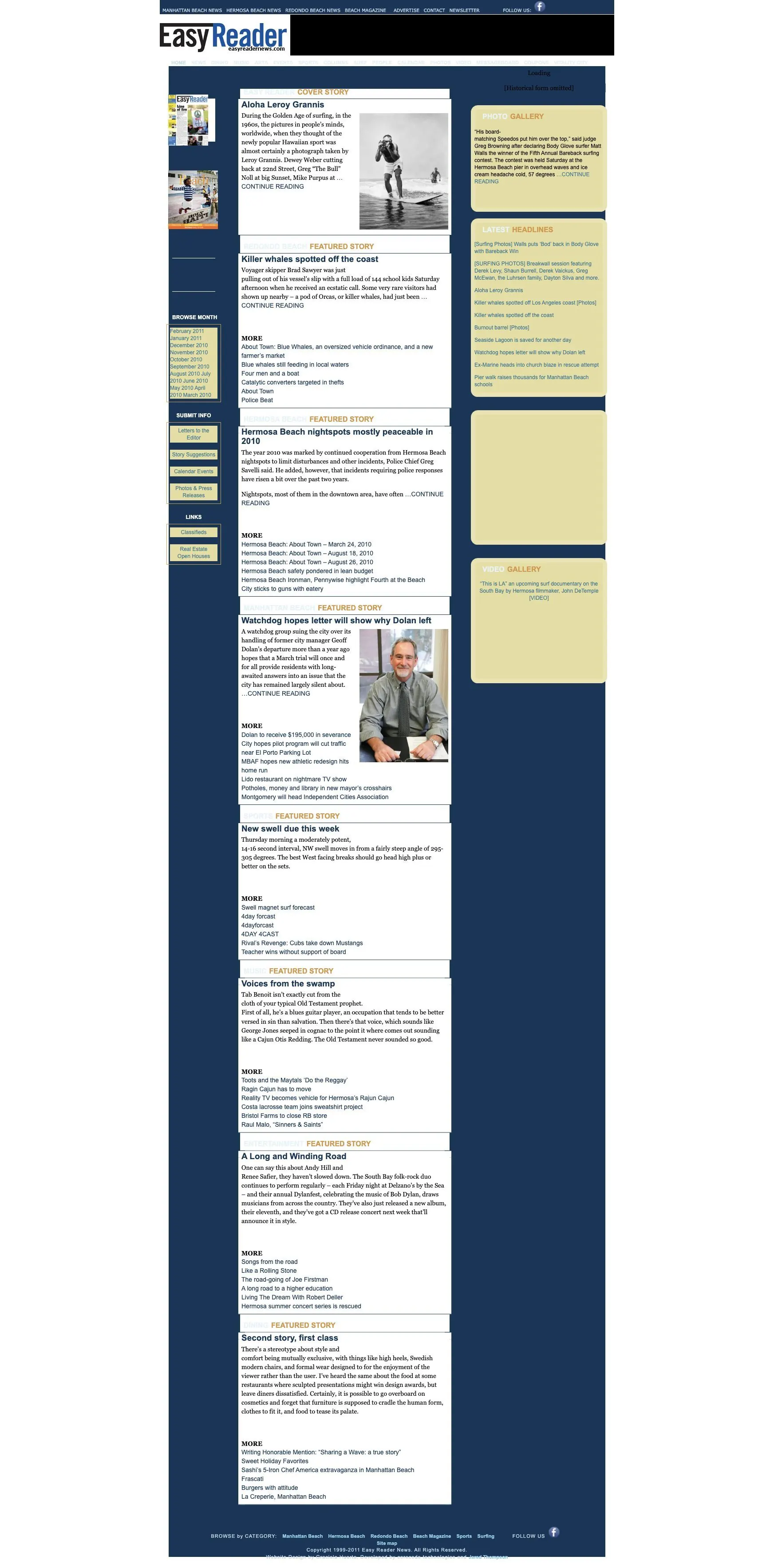 The easyreadernews.com homepage as it looked in February 2011, with historical contact details removed