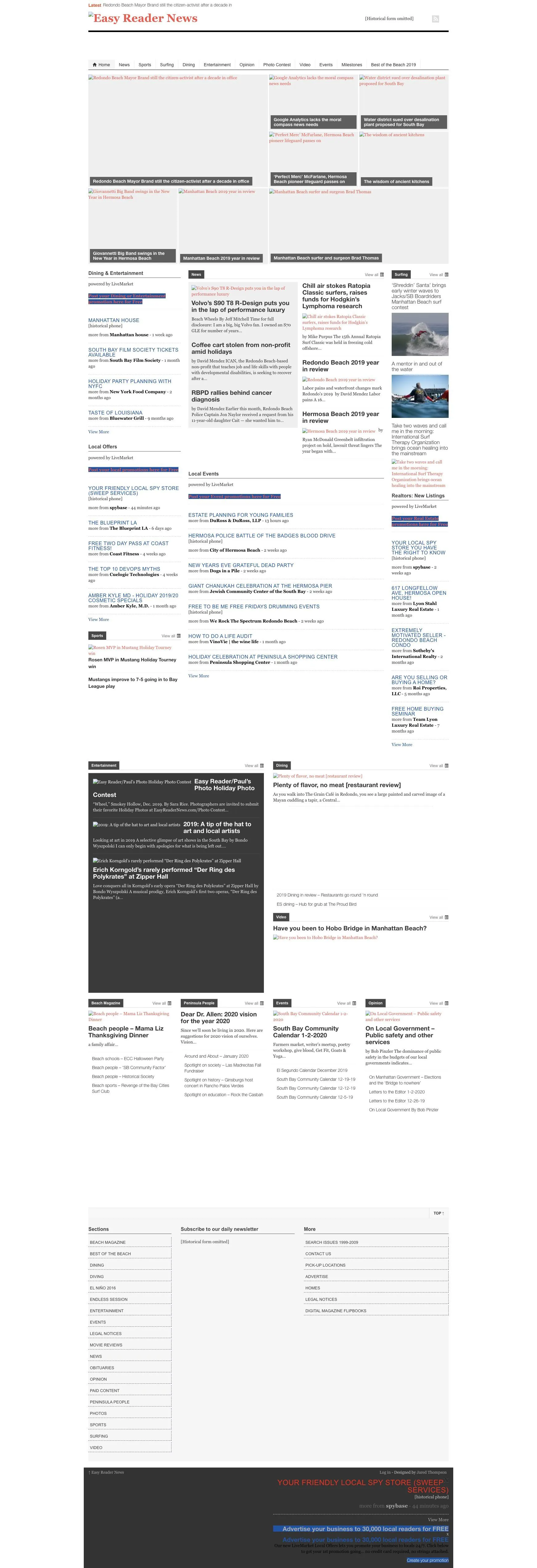 The easyreadernews.com homepage as it looked in January 2020, with historical contact details removed