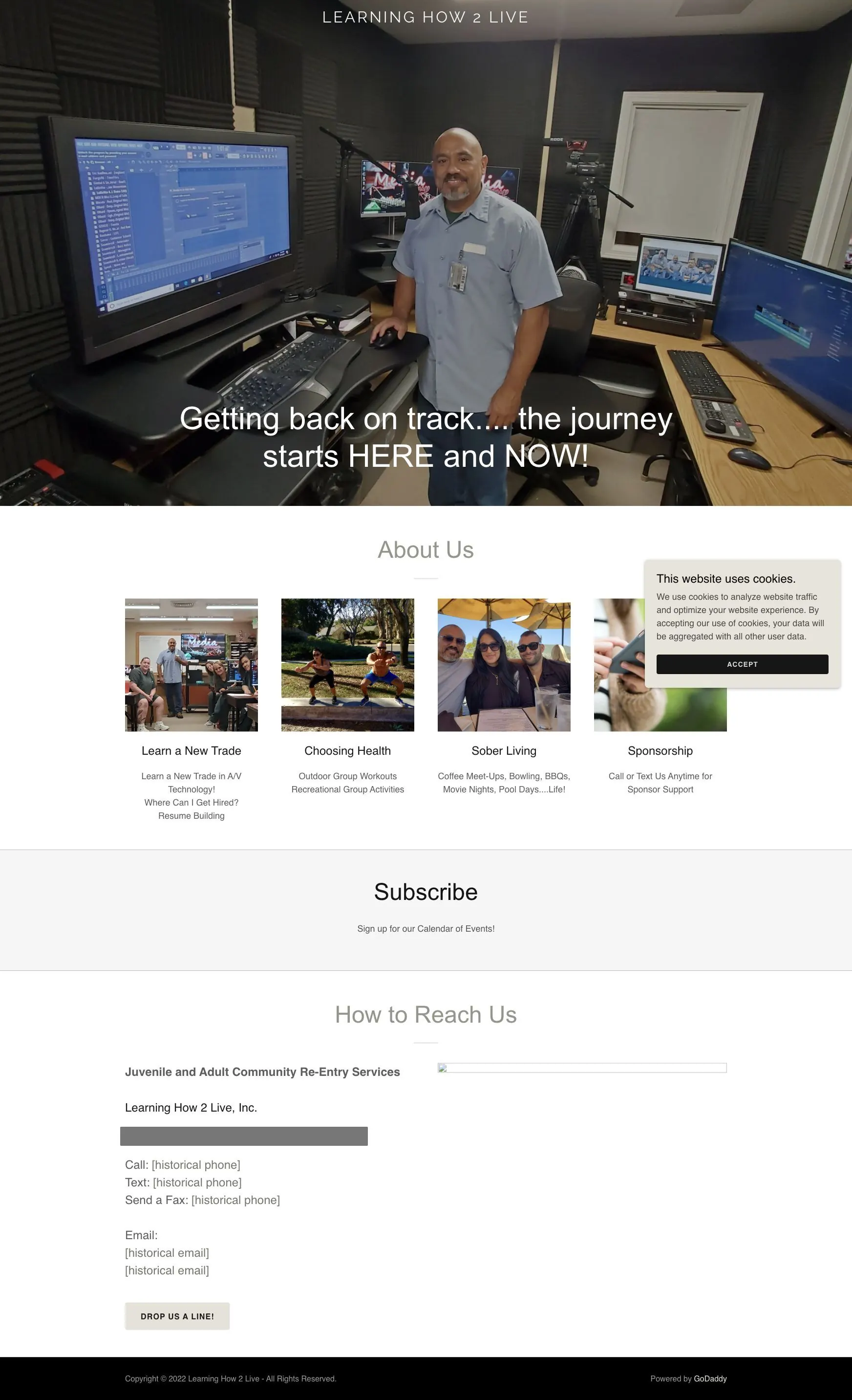 The learninghow2live.org homepage as it looked in August 2022, with historical contact details removed