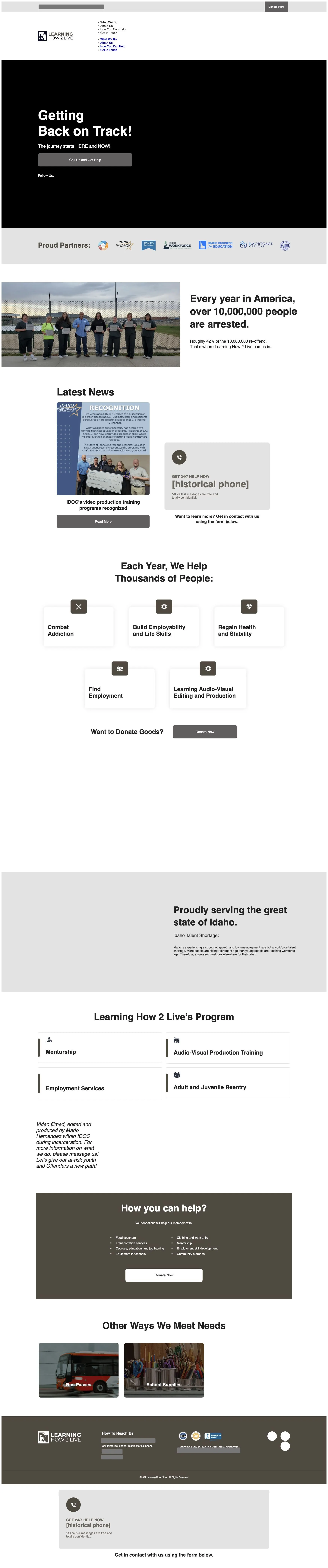 The learninghow2live.org homepage as it looked in December 2024, with historical contact details removed
