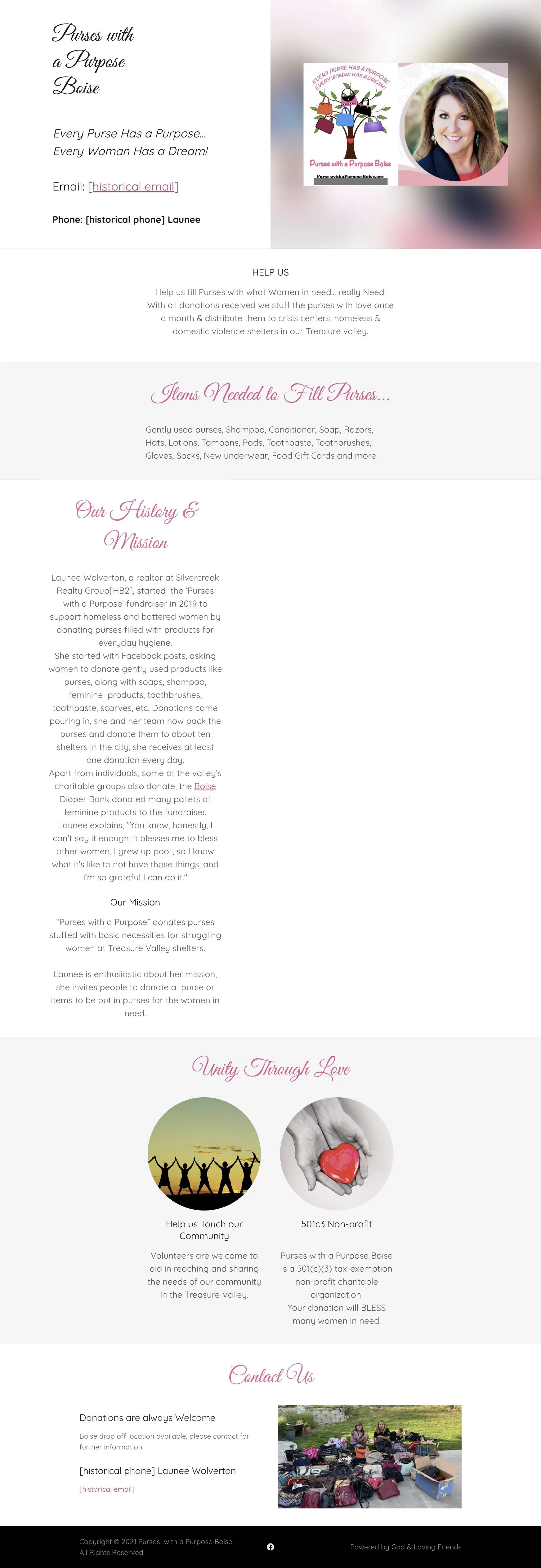 The purseswithapurposeboise.org homepage as it looked in December 2021, with historical contact details removed