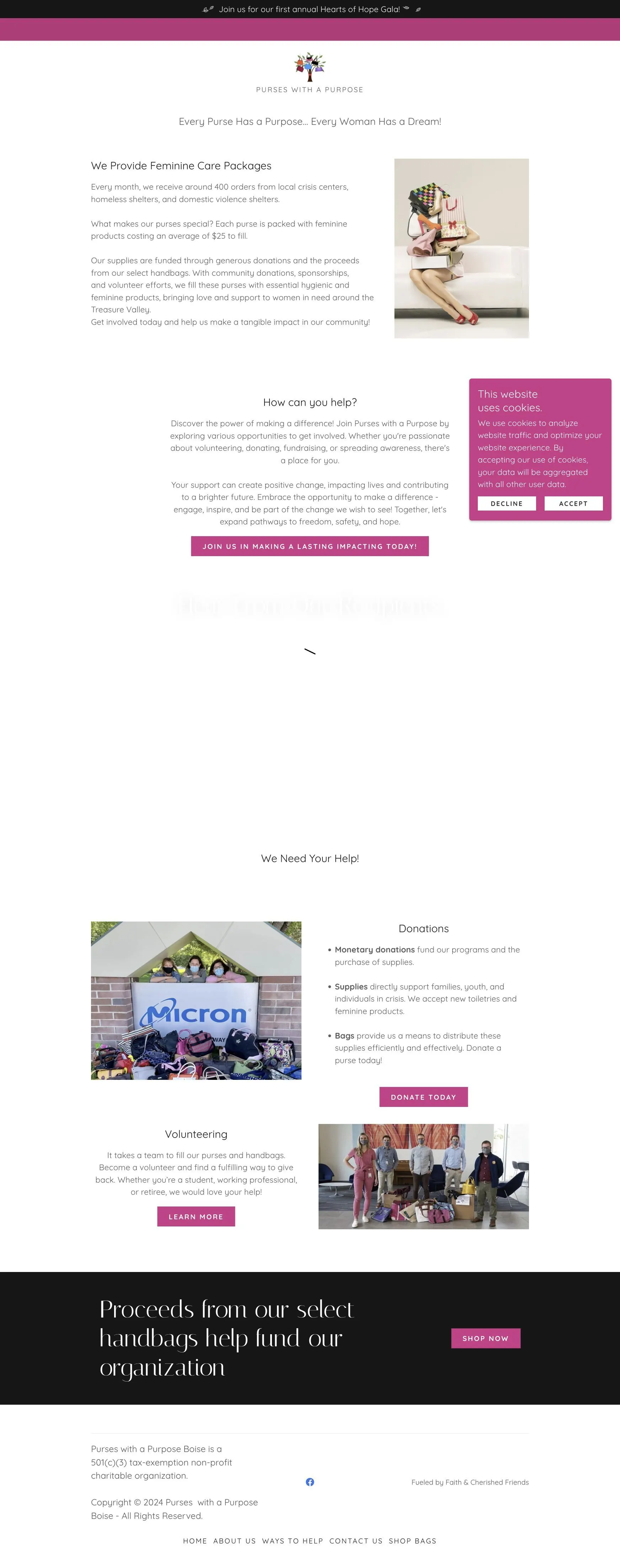The purseswithapurposeboise.org homepage as it looked in November 2024, with historical contact details removed