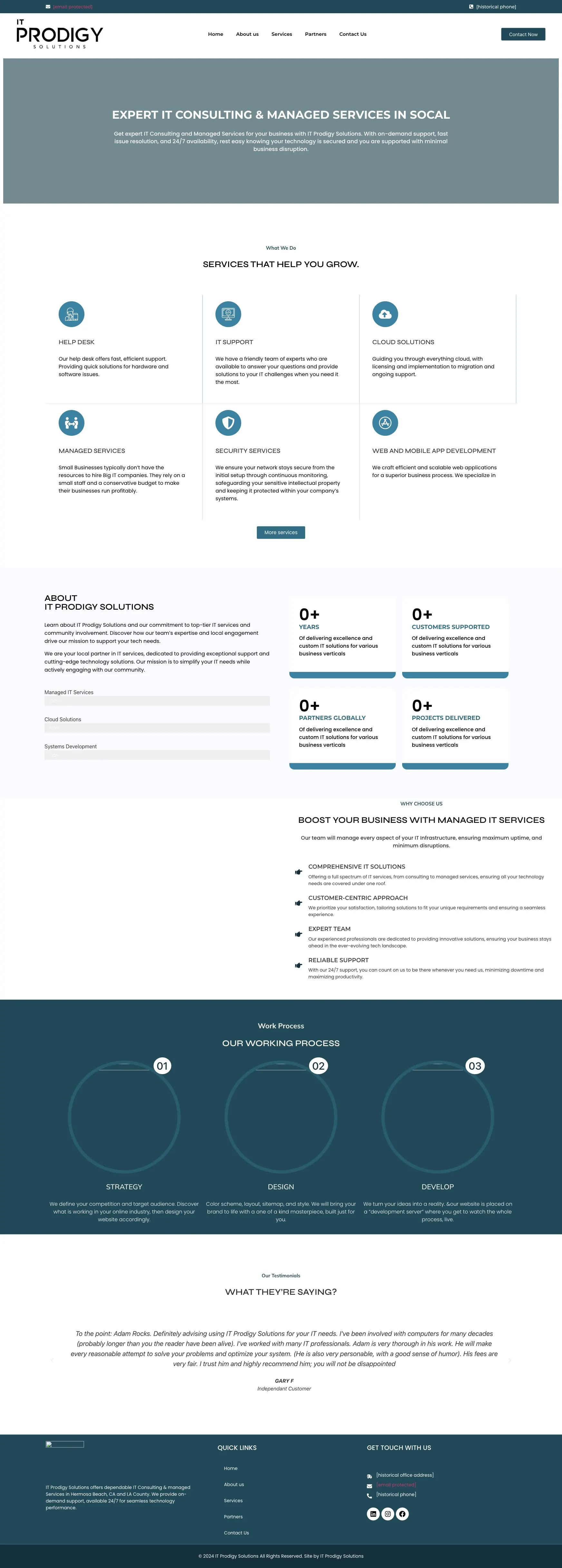 The itprodigysolutions.com homepage as it looked in September 2024, with historical contact details removed