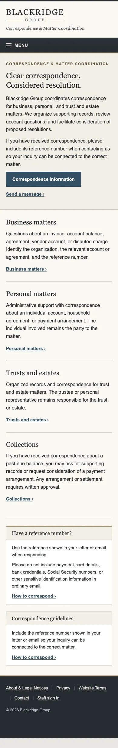 Blackridge Group website, phone view