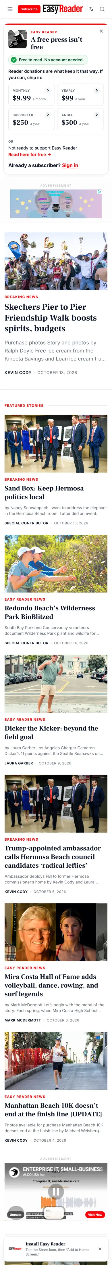 Easy Reader News website, phone view
