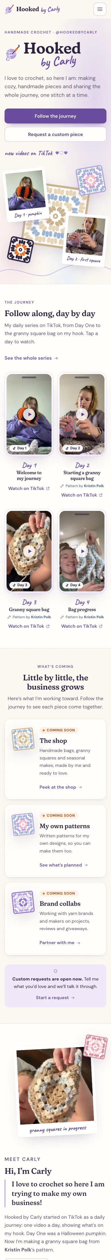 Hooked by Carly website, phone view