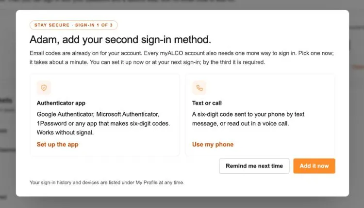 The two-step sign-in prompt in myALCO