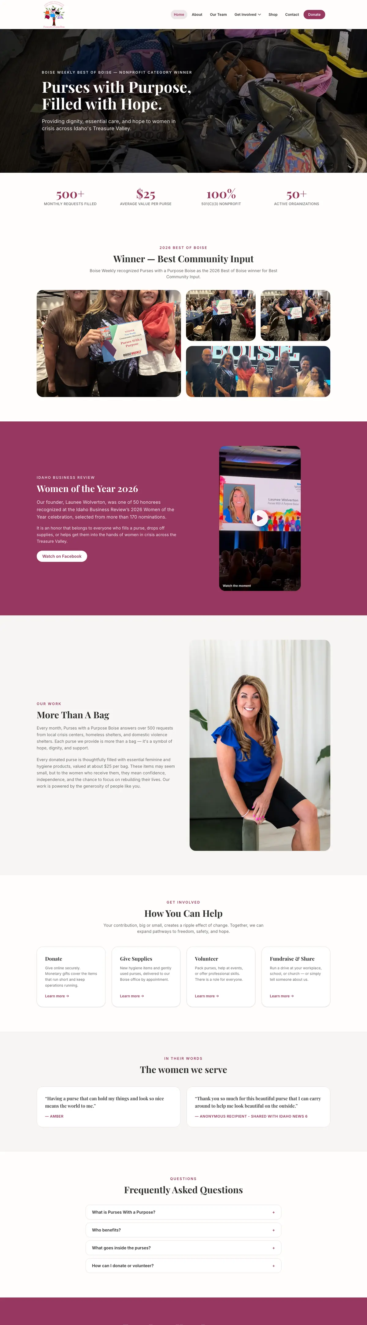Purses With A Purpose website, desktop view