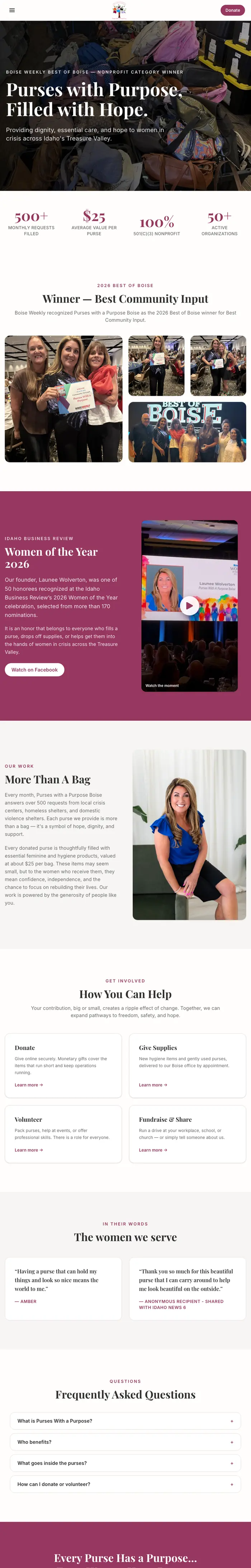 Purses With A Purpose website, tablet view